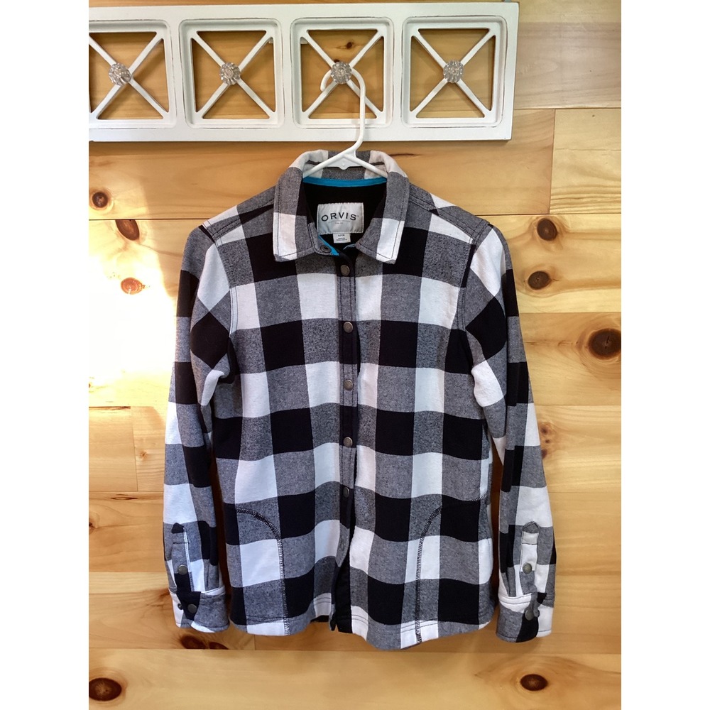 Orvis Buffalo Plaid Fleece Lined Shirt Jacket‎ Womens S Black White Snap Front